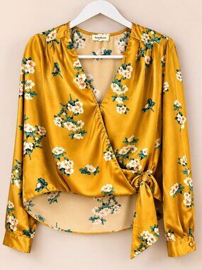 Heartloom Satin Floral Wrap Blouse Gold Mustard Long Sleeve Top Large